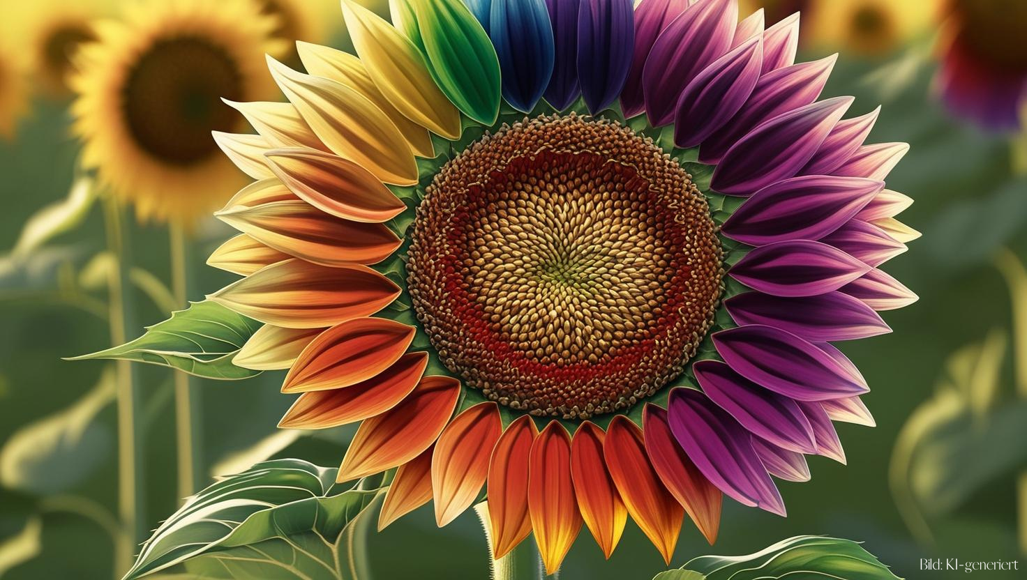 Sonnenblume in Regenbogenfarben durch Künstliche Intelligenz generiert.